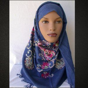 Midwest Blue Embroidered Scarves Sequined Hijab 26 x 70 Shawl Shoulder Wrap